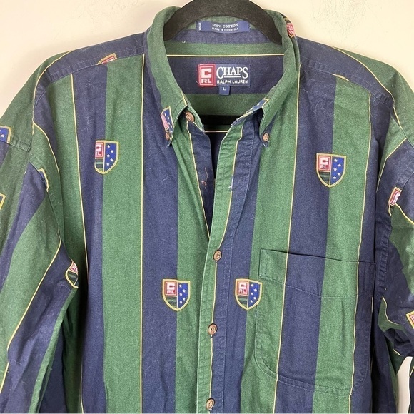 Ralph Lauren Chaps Button Up Shirt Mens L Blue Green Stripe Pocket Long Sleeve - Picture 2 of 9